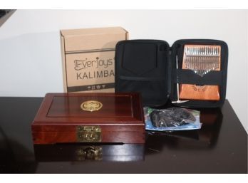 Kalimba Musical Instrument & Wooden Jewelry Box With Brass Chinese Symbol
