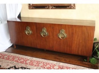 John Widdicomb Orientation Collection Modern Style Walnut Credenza Buffet Cabinet With Brass Plaque Handles