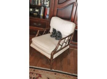 Faux Bamboo Armchair With Beige Upholstery & Pr. Of The Thinker Bookends