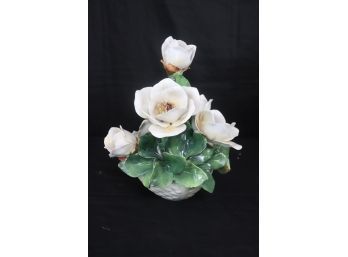 Large Decorative Porcelain Bouquet Of Magnolia Flowers In Porcelain Basket