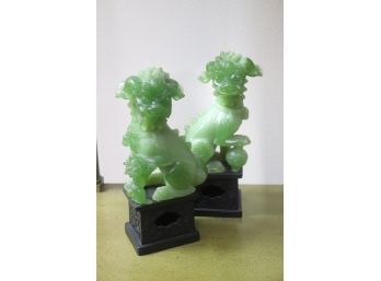 Pair Of Green Resin Foo Dogs On Stands