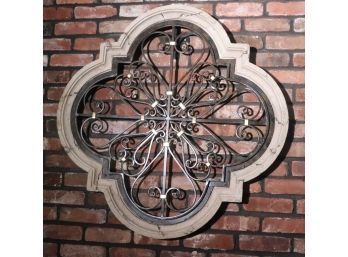 Decorative Wall Plaque Of A Quatrefoil Design Element With Wrought Metal & Cement Frame