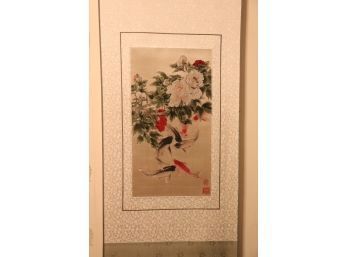 Signed Embroidered Asian Scroll On Silk With Radiant Flowers & Fish