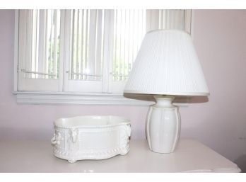 Large Neoclassical White Porcelain Planter /Cachepot & White Table Lamp