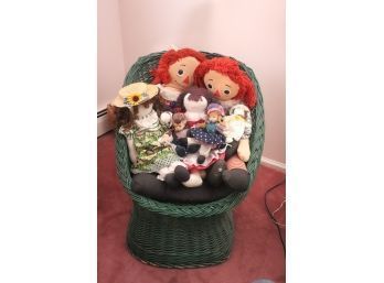 Green Painted Wicker Childs Chair With Raggedy Ann Dolls & More!