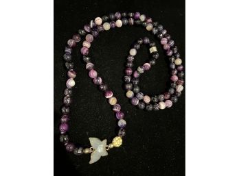 Beautiful 45' Beaded Semiprecious Purple Stone Necklace With Butterfly And Gold Detail