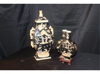 Two Unique Porcelain Asian Vases Featuring Hand Painted Garden Scenery & Character Poem