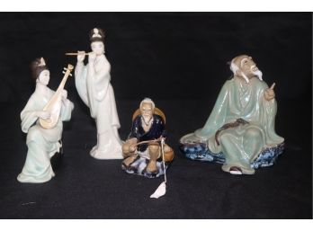 Lot Of 4 Glazed Ceramic Asian Figurines With Female Musicians, Scholar & Fisherman