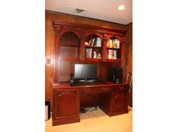 Neoclassical Style Mahogany Tone Wood Desk & Bookcase With Corinthian Column Details