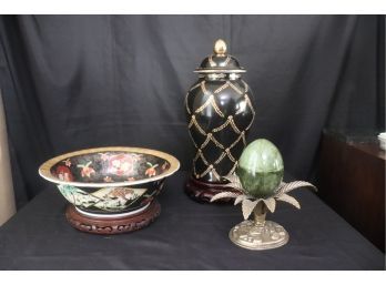 Chic Asian Style Decorative Items Featuring Painted Bowl, Tall Covered Urn & Marble Egg On Brass Palm Leaf