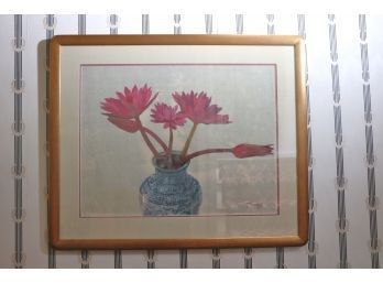 Signed Watercolor Painting Of Lotus Flowers In Ming Style Vase By Vietnamese Artist Dao Thanh Dzuy