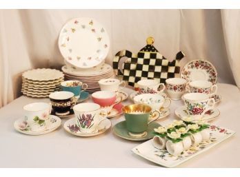 Large Assortment Of Porcelain Dishware With McKenzie Childs Trivet, Floral Plates & English Bone China Cups &