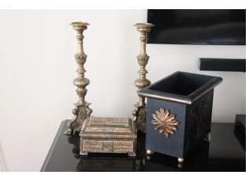 Stenciled Tole Planter, Brass Candlesticks & Bone Inlaid Box With Painted Leather Interior