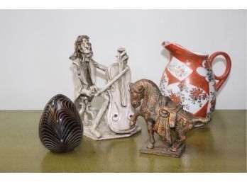 Japanese Painted Pitcher & Decorative Iron Horse, With Art Glass Paperweight, & Cellist Figurine