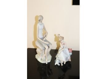 Two Lladro Figurines Of Young Girls With #4518 Student Girl Sitting On Rock & Chit Chat Girl On Telephone