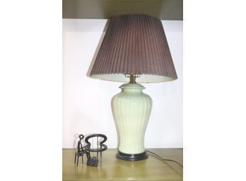 Sage Green Porcelain Table Lamp With Ribbed Design & Pleated Shade & Horseshoe Figurine Of Piano Player