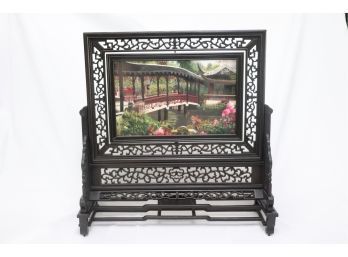 Exquisite Very Fine Double-Sided Silk Needlework On Carved Ebony Colored Stand Depicting A Garden With Pond, B