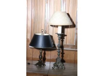 116.Two Burnished Metal Table Lamps With Candlestick Forms