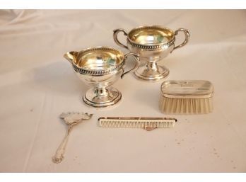 Weighted Sterling Silver Sugar & Creamer With Sterling Baby Brush, Comb & Small Sterling Serving Fork