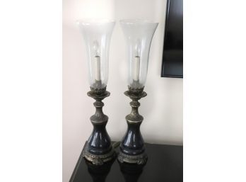 Pair Of Electrified Candlestick Table Lamps With Glass Shades