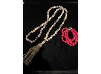 Long Beaded Strand Necklace With Leather Tassel 37' Long Plus 4 Strand Beaded Bracelet