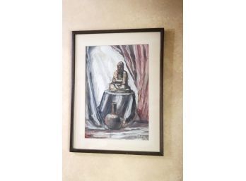 Watercolor Painting Of Meditative Buddha In A Cave Signed E.Simoneau