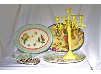 Lot Includes Funky Yellow Candelabra & Porcelain Painted Serving Pieces Form Villeroy & Boch & Tracy Porter
