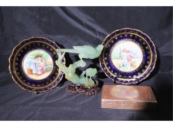 Pretty Carved Bird Sculpture In The Style Of Jade, Trinket Box, Victorian Style Portrait Plates With Scenes
