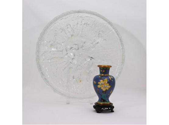 Large Stunning Contemporary Glass Centerpiece Bowl & Pretty Cloisonne Vase With Floral Detail