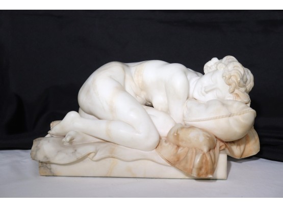 Stunning Antique Carved Marble Sculpture Of A Nude Lady Laying Curled Up On Etched Pillows