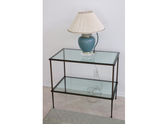 Contemporary Metal/Glass Side Table In A Rubbed Bronze Finish With A Crackle Finish Table Lamp On A Lucite Bas