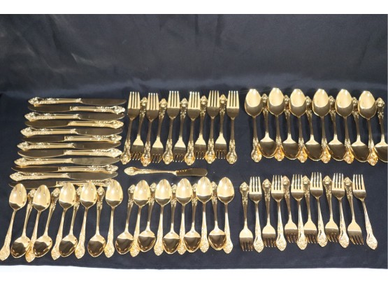 Collection Of Pretty Gold Finished Stainless Steel Flatware Service For 10 With Extras