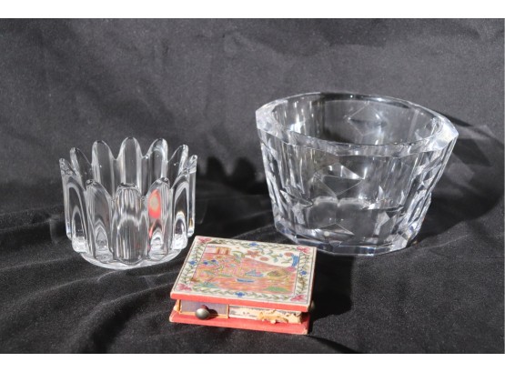 Orrefors Crystal Bowls & Pretty Lacquered Wood Match Box