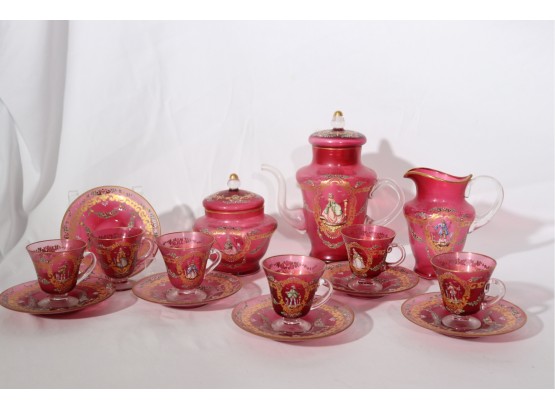 Beautiful Vintage Hand Painted Cranberry Colored Dessert Set With Painted Detailing Throughout