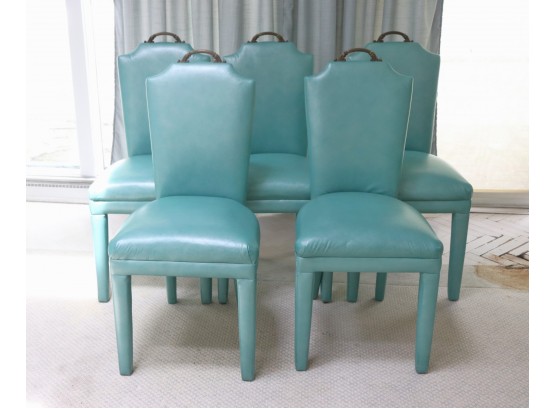 Set Of 5 Vinyl Upholstered Chairs With A Brass Handle In A Seafoam/Turquoise Color