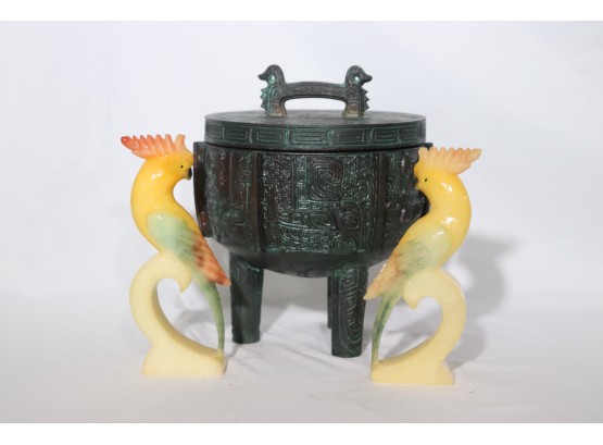 Intricate Engraved Metal Asian Style Ice Bucket & Stunning Pair Of Hand Carved Alabaster Exotic Birds Made Ita