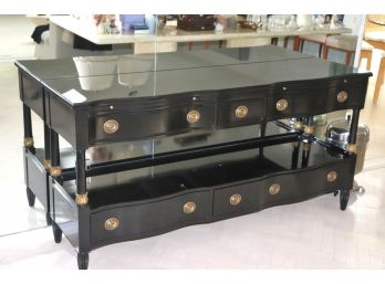 Wood Console Black Protective Glass Top, Ornate Hardware, Leather Top On Slides Out Extension!