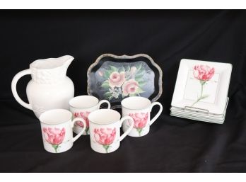 Villeroy & Boch 8-Piece Dessert Set, Pitcher From The Orchid Collection & 2 Floral Painted Tin Trays