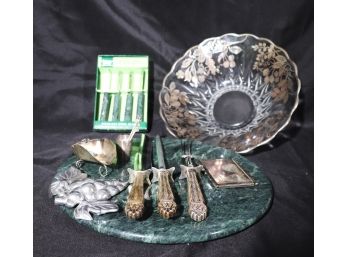 Marble Cheese Platter, Sheffield Serving Pcs W/ Sterling Handles, Sterling Overlay Bowl, Sterling Miniatures