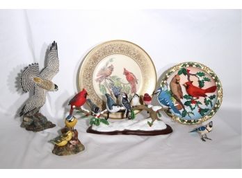 Pretty Collection Of Ceramic Bird Sculptures With Decorative Wall Plates