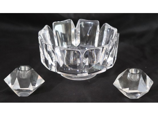 Large Signed Orrefors Crystal Bowl & Small Candle Holders