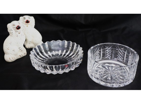 Waterford Crystal Bowl & Signed Orrefors JJ4574-541 Crystal Dish Includes A Pair Of Staffordshire Style Dogs