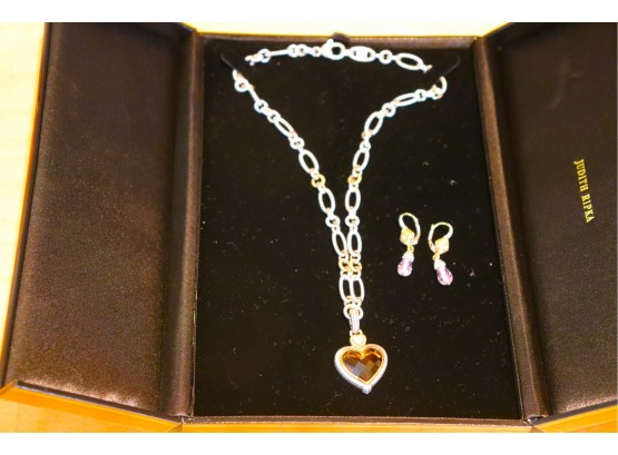 18K YG/ .925 Judith Ripka Two 16' Mixed Link Necklace W/ Citrine Heart Pendant  Diamond Accents