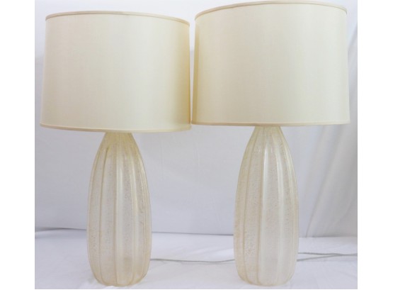 Fabulous Pair Of Contemporary Style Frosted Glass Table Lamps With Speckles Of Gold Flake Throughout
