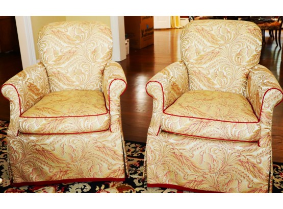 Pair Of Fabulous Chairs By A. Rudin With Beautiful Gold & Red Tone Brocade Style Fabric & Piping On The Edges