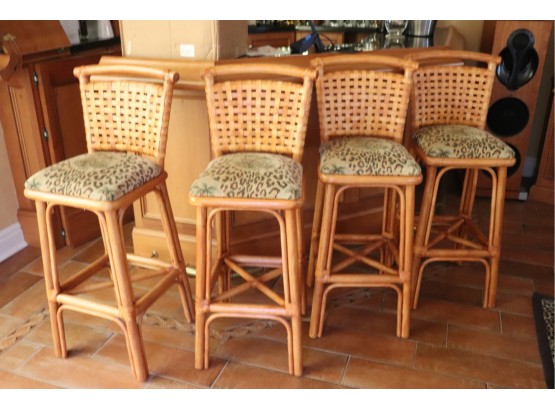 Set Of 4 Woven Wood Stools With Animal Print Fabric On The Seats