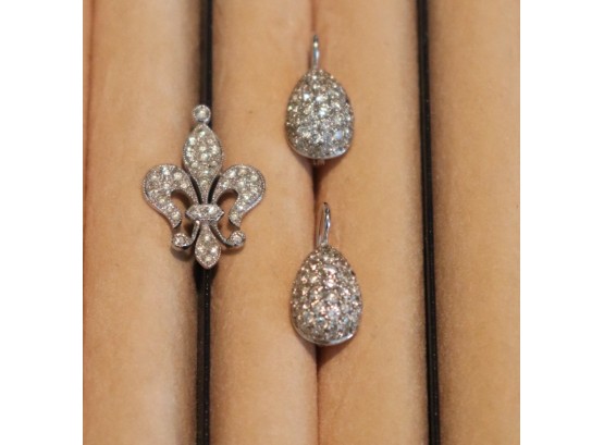 14K WG Beautiful Pair Of Diamond Crusted Earrings  14K WG Fleur De Lis Diamond Pendant