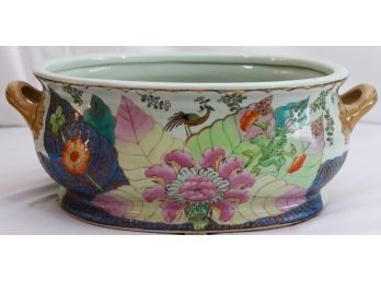 Beautiful Floral Asian Style Planter/Basket With Handles & Pretty Goldfish Detailing With Stamp On The Bottom