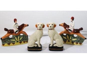 Pair Of Crackle Finished Dog Figurines Includes A Pair Of Staffordshire Horse Jockey Figurines