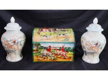 Handmade Wood Box With Fox Hunting Scenery & Pair Urns With Stamp And Marking On Inside Of The Lid Stands